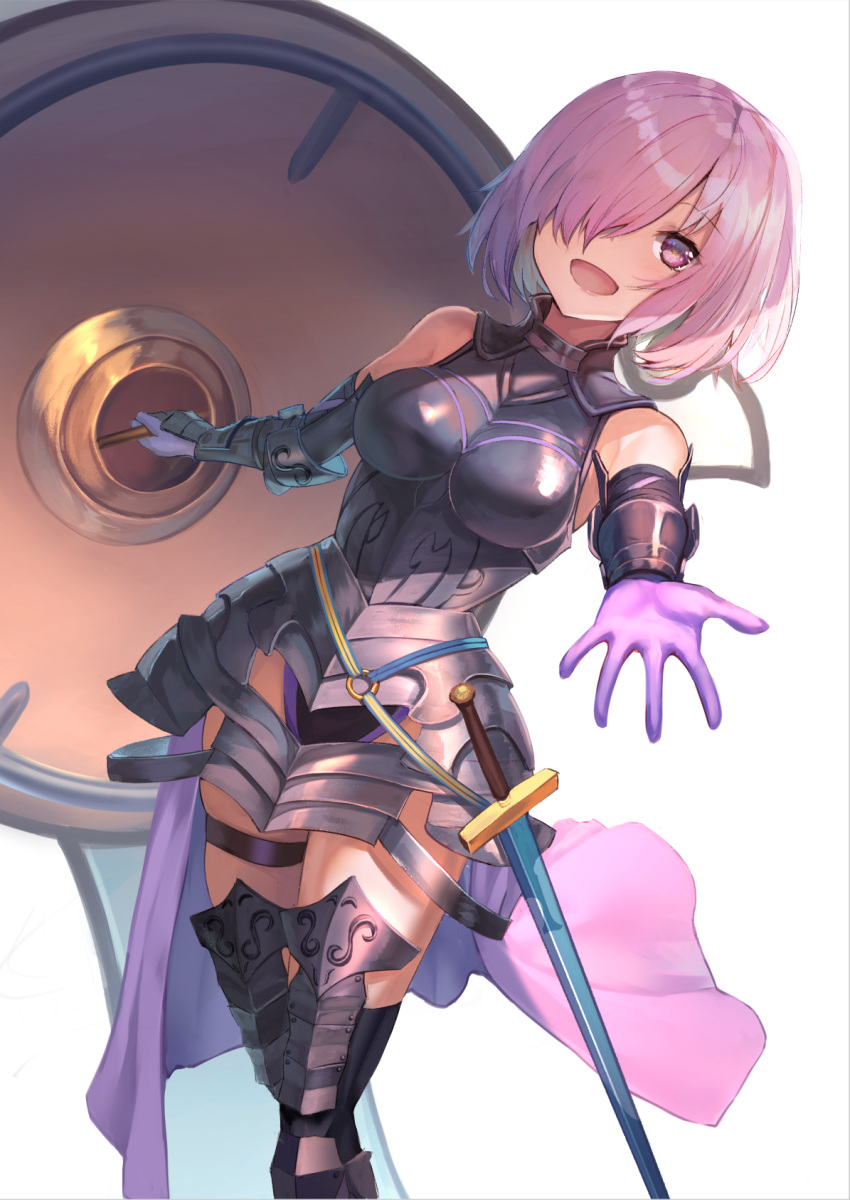 :d arm_guards armored_leotard bare_shoulders black_leotard black_thighhighs commentary_request dutch_angle elbow_gloves fate/grand_order fate_(series) feet_out_of_frame female gloves hair_over_one_eye highres holding holding_shield hopepe impossible_clothes impossible_leotard leotard lord_camelot_(fate) mash_kyrielight o-ring open_mouth outstretched_arm outstretched_hand pink_gloves pink_hair pov purple_eyes purple_skirt sheath sheathed shield short_hair showgirl_skirt simple_background skirt smile solo standing sword thigh_strap thighhighs vambraces weapon white_background