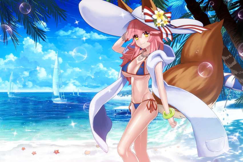 animal_ear_fluff animal_ears bikini blue_bikini boat breasts cleavage commentary_request day ears_through_headwear fate/grand_order fate_(series) female flower fox_ears fox_girl fox_tail groin hair_flower hair_ornament hat highres large_breasts looking_at_viewer navel ocean outdoors palm_leaf palm_tree palms parasol pink_hair side-tie_bikini_bottom solo sun_hat swimsuit tail tamamo_(fate) tamamo_no_mae_(swimsuit_lancer)_(fate) tamamo_no_mae_(swimsuit_lancer)_(third_ascension)_(fate) tree uiu umbrella water watercraft yellow_eyes