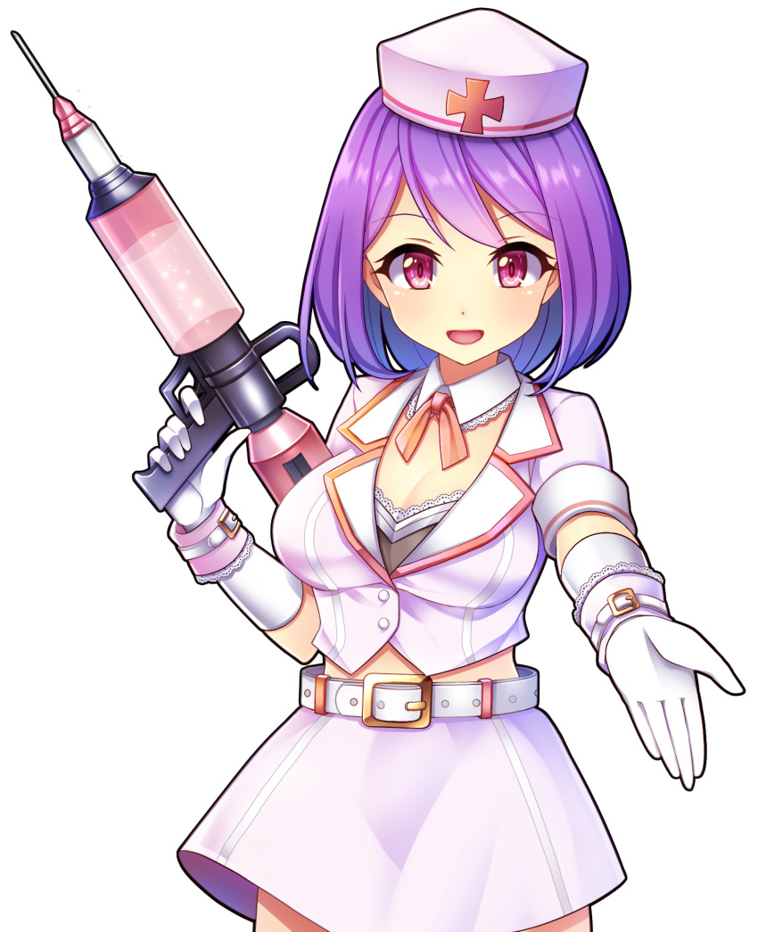 :d belt bra breasts cleavage commentary_request edamame_senpai female frilled_bra frills gloves gun hat highres holding holding_gun holding_weapon md5_mismatch nurse_cap official_art open_mouth orange_ribbon outstretched_hand photoshop_(medium) pink_eyes pink_skirt purple_hair ribbon short_hair skirt smile solo standing syringe syringe_gun underwear vivid_army weapon white_background white_gloves