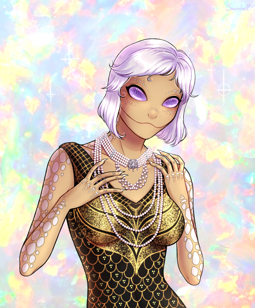 2021 absurd_res animal_humanoid asclepia clothing dress female gem hair hi_res humanoid jewelry looking_at_viewer necklace olive_skin pearl_(gem) pearl_necklace pupils purple_eyes reptile reptile_humanoid savirshell scales scalie scalie_humanoid slit_pupils snake_humanoid solo white_hair