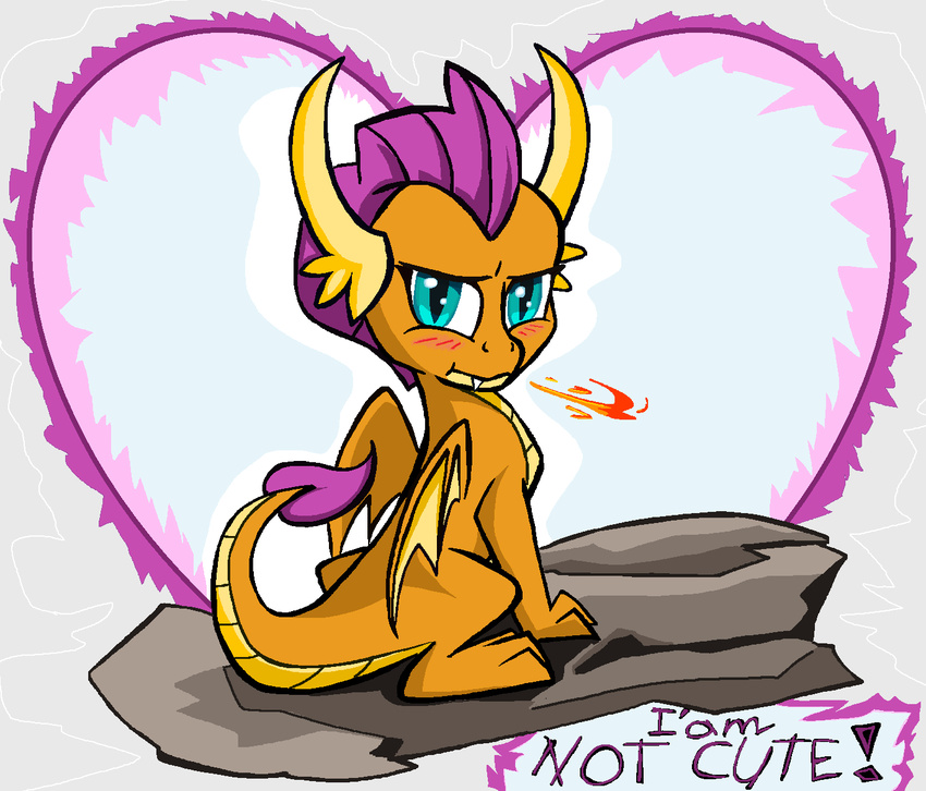 blush cute_fangs dragon english_text fangs feral fire friendship_is_magic green_eyes hasbro hi_res looking_at_viewer looking_back my_little_pony mythological_creature mythological_scalie mythology orange_body orange_scales pupils reptile sallycars sallycars_(artist) scales scalie sharp_teeth sitting slit_pupils smolder_(mlp) solo tail teeth text tsundere wings