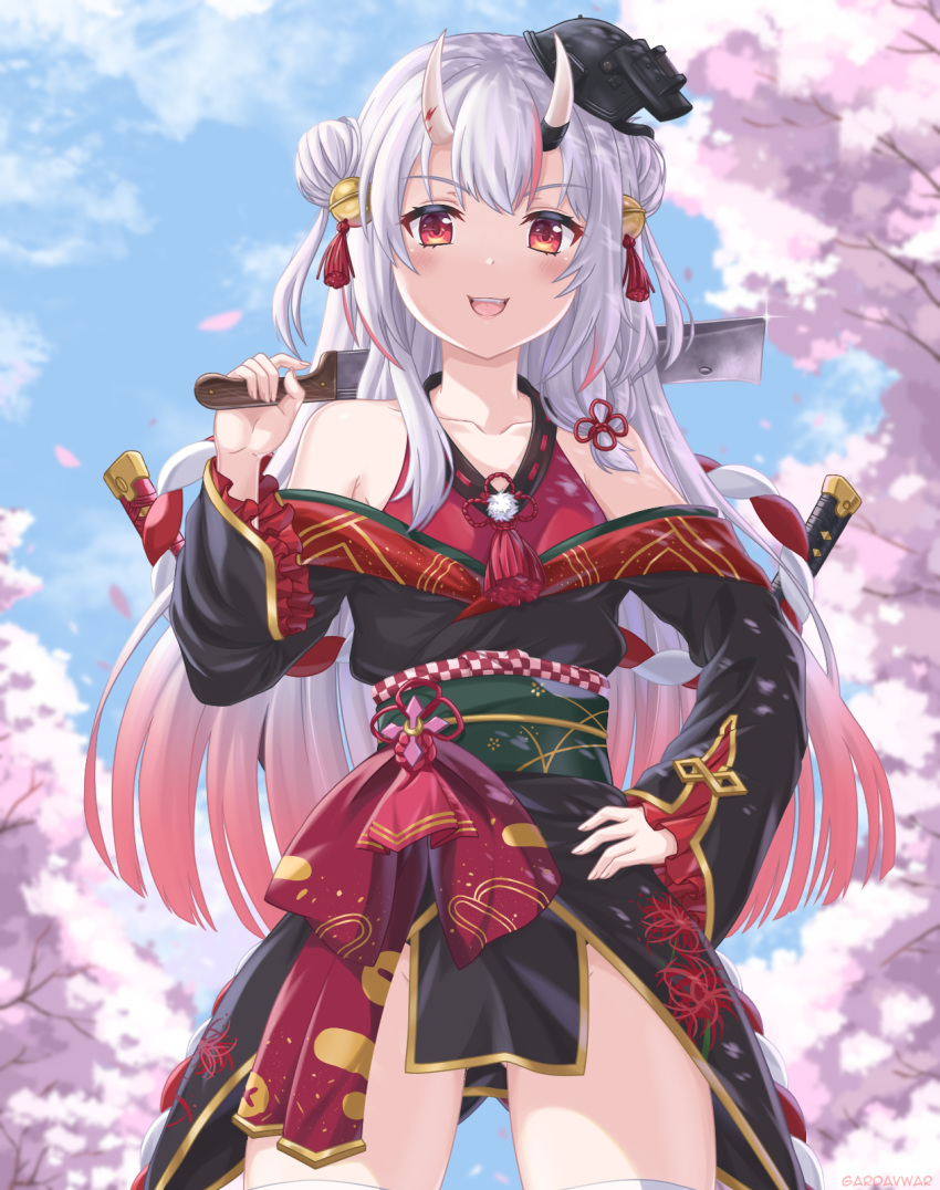 blurry blurry_background cherry_blossoms collarbone commentary cowboy_shot female gardavwar gradient_hair hair_between_eyes hair_ornament highres hololive horns japanese_clothes long_hair looking_at_viewer machete multicolored_hair nakiri_ayame nakiri_ayame_(1st_costume) open_mouth red_eyes red_hair skin-covered_horns sky solo streaked_hair thighs two-tone_hair virtual_youtuber white_hair