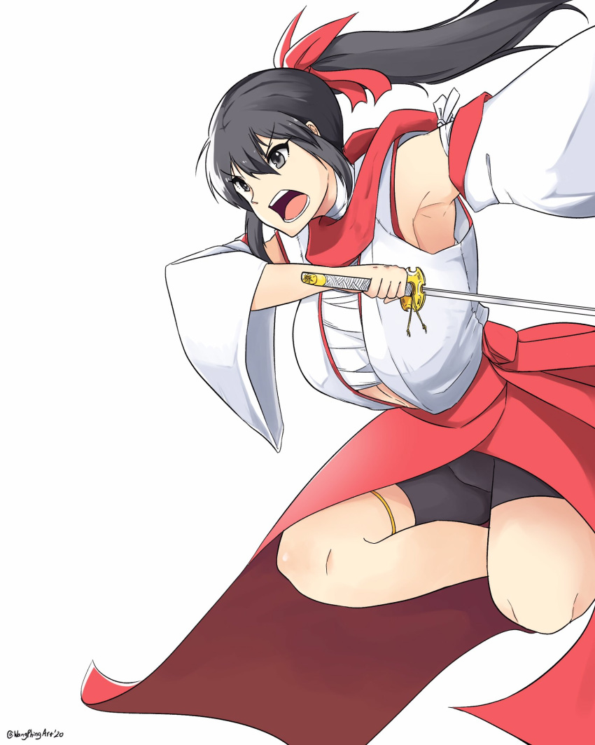 armpits bike_shorts black_hair black_shorts commentary english_commentary female grey_eyes hair_ribbon hakama hakama_skirt highres holding holding_sword holding_weapon japanese_clothes long_hair midair open_mouth original ponytail red_hakama red_ribbon red_skirt ribbon sarashi shorts shorts_under_skirt sidelocks simple_background skirt solo sword twitter_username wangphing weapon white_background