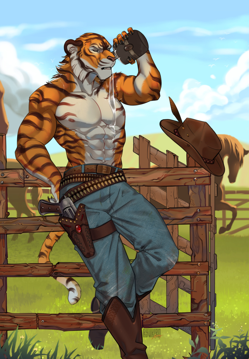 2020 abs absurd_res anthro beverage boots bottomwear canteen clothed clothing cowboy cowboy_boots denim denim_bottomwear denim_clothing equid equine felid feral footwear gun handgun hi_res holster holstered_pistol horse jeans liquid male mammal muscular outside pantherine pants ranch ranged_weapon revolver ryukiro solo_focus standing stripes tiger topless weapon