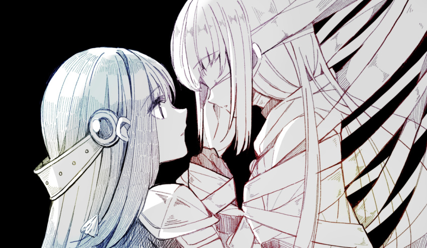 2girls armor bad_id bad_pixiv_id bandages bandages_over_eyes black_background black_gloves christy_mii commentary_request covered_eyes dark_background expressionless eyes_visible_through_hair face-to-face from_side giovanna_(madoka_magica) gloves hand_on_another's_cheek hand_on_another's_face jewelry long_hair looking_at_another looking_up magia_record:_mahou_shoujo_madoka_magica_gaiden magical_girl mahou_shoujo_madoka_magica multiple_girls nanami_yachiyo own_hands_together pauldrons profile shoulder_armor sidelocks simple_background straight_hair tamaki_iroha upper_body yuri