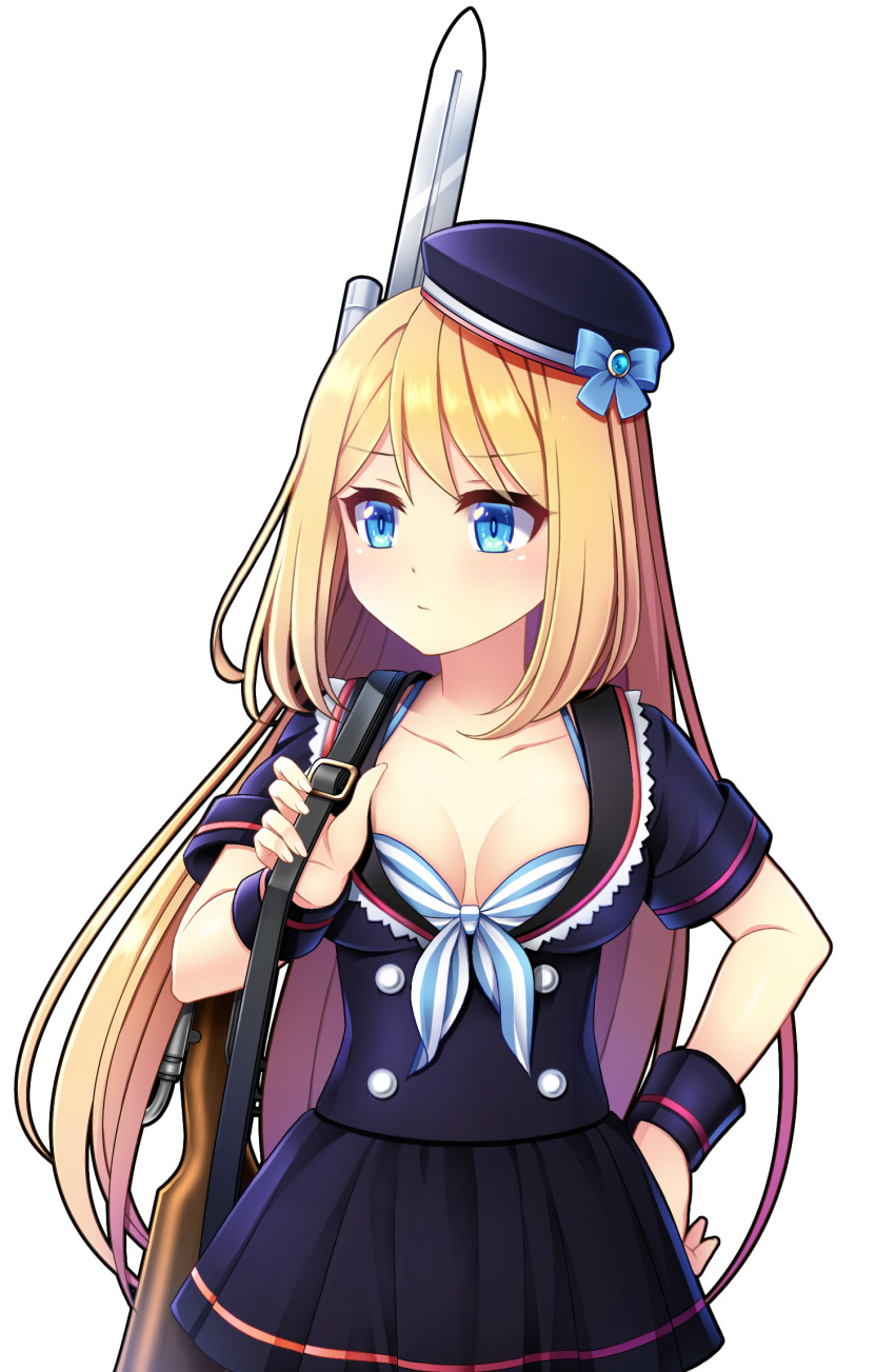 bayonet black_hat black_skirt blonde_hair blue_bow blue_eyes bow breasts cleavage collarbone commentary_request edamame_senpai female gun hat hat_bow highres long_hair md5_mismatch medium_breasts official_art photoshop_(medium) pleated_skirt rifle short_sleeves simple_background skirt solo standing very_long_hair vivid_army weapon white_background wristband