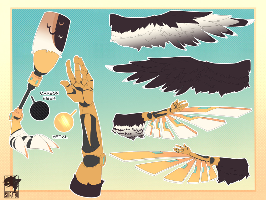 accipitrid accipitriform anthro aquilinae avian bird brown_body claws cybernetic_arm cybernetic_limb cybernetics digital_media_(artwork) eagle feathered_wings feathers hi_res machine metallic_wings mismatched_wings model_sheet ornate_hawk-eagle prosthetic prosthetic_arm prosthetic_leg prosthetic_limb prosthetic_wings shiratzu solo text wings