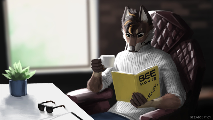 16:9 2021 anthro bee_movie bottomwear brown_body brown_fur canid canine canis chair clothed clothing container cup detailed_background domestic_dog english_text eyewear fur furniture geewolf glasses hi_res holding_container holding_cup holding_object inside male mammal plant reading sitting solo sweater text topwear widescreen