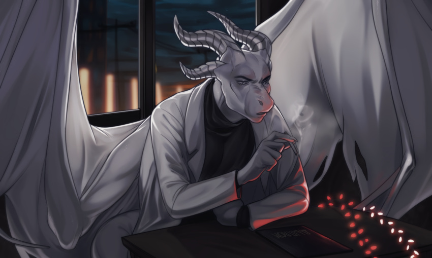 2021 anthro clothed clothing coat depression digital_media_(artwork) diploma dragon fully_clothed furniture garland grey_eyes hi_res horn inside lab_coat male membrane_(anatomy) membranous_wings mythological_creature mythological_scalie mythology sad saren_(saren662) scalie scar sitting smoke smoking solo table tail topwear white_body window wings xsissa