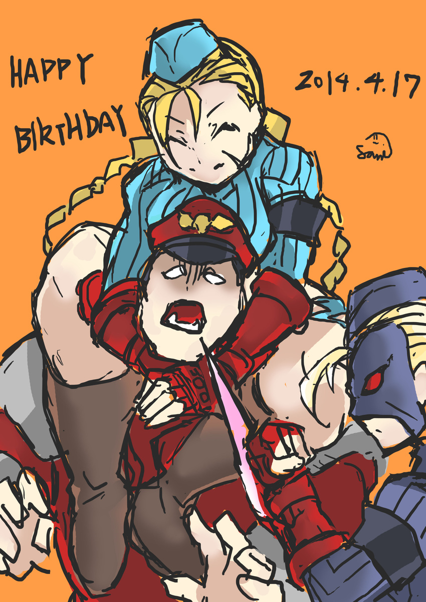 1boy 2girls ^_^ absurdres alternate_costume arm_blade asphyxiation cammy_white choke_hold closed_eyes commentary_request dated decapre false_smile happy_birthday highres leotard m._bison mask multiple_girls red_eyes ribbed_leotard samidare_satsuki sitting_on_shoulder smile strangling street_fighter street_fighter_iv_(series) street_fighter_zero_(series) weapon