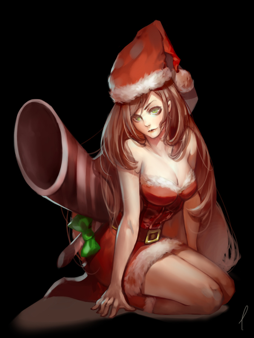 adapted_costume alternate_costume arm_support boots breasts candy_cane_miss_fortune caviar_(lunar_sama) commentary_request dress female green_eyes hat highres large_breasts league_of_legends light_smile lips long_hair looking_at_viewer miss_fortune_(league_of_legends) off_shoulder photoshop_(medium) red_dress red_hair santa_boots santa_costume santa_hat seiza short_dress sitting solo