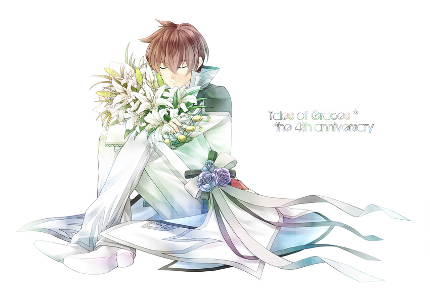 1boy asbel_lhant brown_hair commentary_request flower lily_(flower) lydi_(dd) male_focus solo tales_of_(series) tales_of_graces