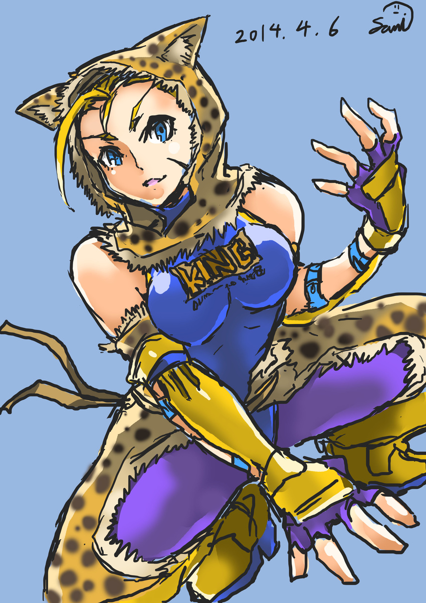 absurdres ahoge alternate_costume animal_hood animal_print blonde_hair blue_eyes bodysuit breasts cammy_white commentary_request cosplay dated elbow_gloves female fingerless_gloves gloves highres hood huge_ahoge king_(tekken) leopard_print samidare_satsuki scar solo squatting street_fighter street_fighter_x_tekken tekken