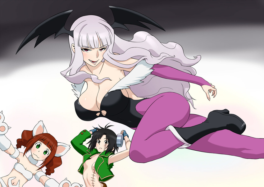 3girls animal_ears animal_hands black_eyes black_hair boots brown_hair cat_ears commentary_request cosplay felicia_(vampire) felicia_(vampire)_(cosplay) green_eyes grey_hair head_wings idolmaster idolmaster_(classic) kikuchi_makoto leotard long_hair morrigan_aensland morrigan_aensland_(cosplay) multiple_girls pantyhose purple_eyes scar shijou_takane short_hair takatsuki_yayoi twintails vampire_(game) vest victor_von_gerdenheim victor_von_gerdenheim_(cosplay) wata_do_chinkuru wings