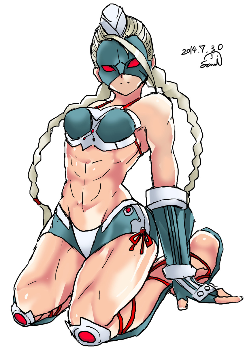 abs absurdres ahoge alternate_costume armor bikini bikini_top_only braid commentary_request decapre elbow_gloves female fingerless_gloves garrison_cap gloves greaves hat highres huge_ahoge kneeling long_hair mask red_eyes samidare_satsuki short_shorts shorts solo street_fighter street_fighter_iv_(series) swimsuit thick_thighs thighs toned twin_braids white_hair