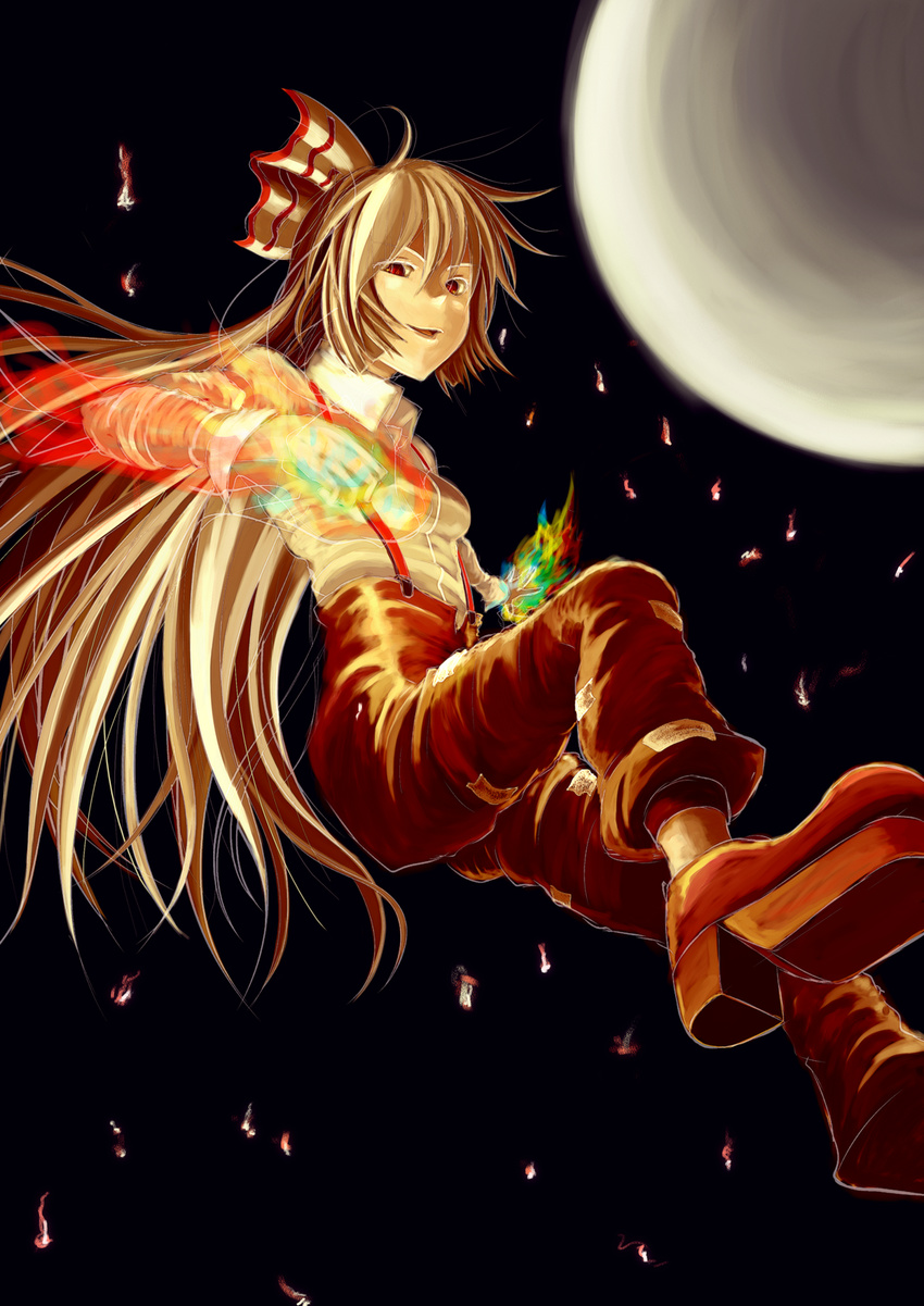 bad_id bad_pixiv_id female fire fujiwara_no_mokou hair_ribbon highres marubororaito ribbon shoes solo touhou