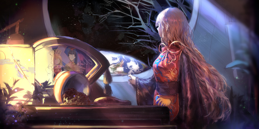 absurdres arm_at_side bare_tree black_dress blonde_hair chang'e chinese_clothes chinese_commentary commentary_request congming_lan cowboy_shot dress earth_(planet) faceless female hecatia_lapislazuli highres hou_yi junko_(touhou) lamp lantern leaf light light_particles light_rays long_hair long_sleeves looking_afar looking_away looking_to_the_side no_headwear orange_hair photo_(object) planet plant reflection ribbon round_window sash solo space sparkle standing star_(sky) tabard tassel touhou tree very_long_hair wide_sleeves window yellow_ribbon