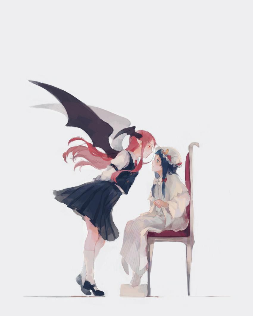 2girls arms_behind_back bat_wings blue_eyes capelet chair cloak commentary_request crescent dress full_body hat head_wings highres koakuma leaning_forward long_hair mary_janes multiple_girls necktie patchouli_knowledge pleated_skirt pointy_ears purple_hair red_eyes red_hair shoes simple_background sitting skirt smile tiptoes touhou wakatsuki_(etoiles) white_legwear wings