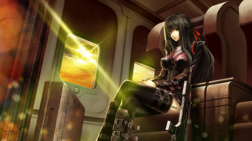 armor assault_rifle barcode belt belt_boots black_hair black_thighhighs boots box breasts brown_eyes commentary_request crossed_legs female gun h&k_sl8 hair_ribbon half_updo heckler_&_koch highres interior jacket knee_boots large_breasts lens_flare long_hair looking_at_viewer metal nagimaru original own_hands_together photoshop_(medium) ribbon rifle skirt solo sun sunset thigh_strap thighhighs weapon