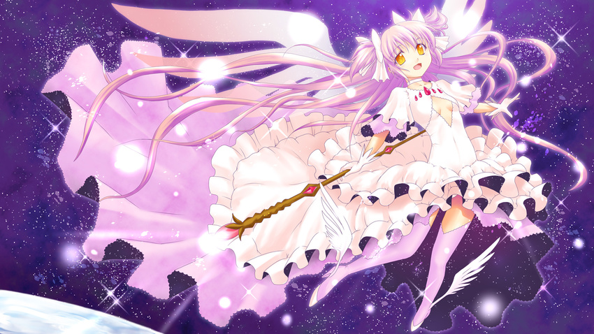 absurdly_long_hair ankle_wings boots bow breasts choker commentary_request dress female full_body gloves hairbow highres jewelry kaname_madoka layered_dress lights long_hair looking_at_viewer mahou_shoujo_madoka_magica mahou_shoujo_madoka_magica_(anime) medium_breasts mizuna_(water_emp-tei) open_mouth pendant pink_footwear pink_hair pink_thighhighs planet short_sleeves smile solo space spoilers staff star_(sky) thighhighs two_side_up ultimate_madoka very_long_hair white_dress white_gloves wings yellow_eyes