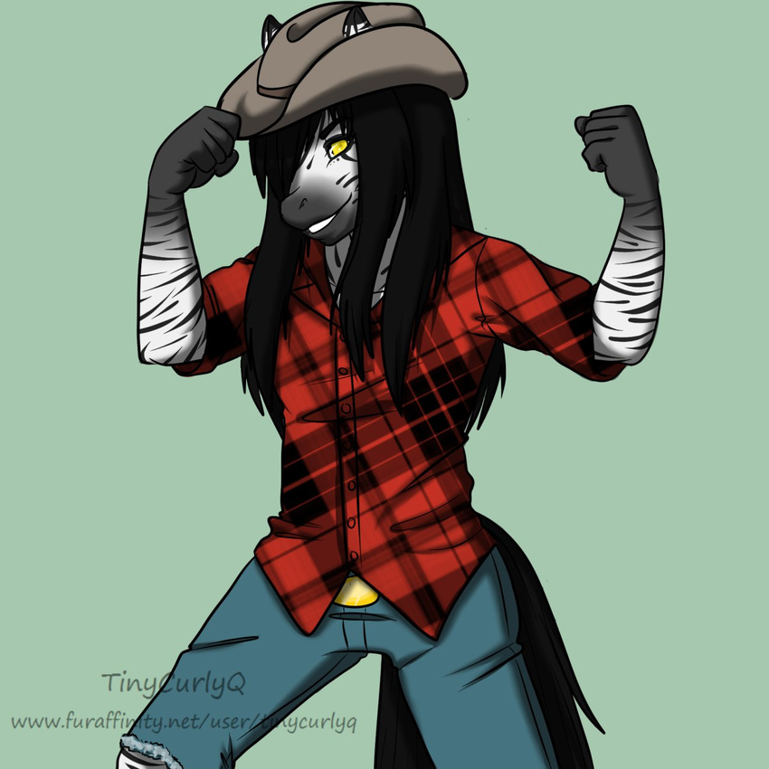 1:1 2013 5_fingers anthro black_body black_fur black_hair black_stripes black_tail bottomwear clothed clothing cowboy_hat denim denim_bottomwear denim_clothing digital_media_(artwork) equid equine fingers flat_texture flexing front_view fully_clothed fur furgonomics green_background hair hair_over_eye hat headgear headwear hi_res humanoid_hands jeans long_hair looking_at_viewer male mammal multicolored_body multicolored_fur one_eye_obstructed pants pattern_clothing pattern_shirt pattern_topwear plaid plaid_clothing plaid_shirt plaid_topwear portrait shirt signature simple_background smile solo standing striped_body striped_fur stripes tail text three-quarter_portrait tinycurlyq topwear two_tone_body two_tone_fur url vincenzo_moretti white_body white_fur yellow_eyes zebra