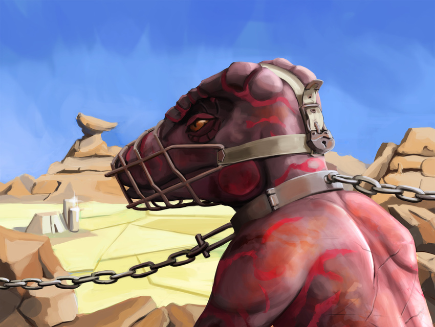 2017 anthro argonian bondage bondage bound buckle cage_muzzle chained chains coffle collar cuff_(restraint) day desert detailed_background gag hi_res lizard lock male metal_collar microsoft mitokep muzzle_(object) muzzled orange_eyes outside prisoner pupils red_body red_scales reptile restrained restraints scales scalie shackles sky slave slit_pupils solo submissive submissive_male the_elder_scrolls wire_basket_muzzle