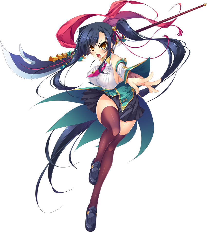 absurdres bare_shoulders black_thighhighs blue_hair breasts detached_sleeves female full_body highres holding holding_weapon kan'u_(koihime_musou) katagiri_hinata koihime_musou large_breasts long_hair looking_at_viewer naginata necktie polearm shoes skirt solo thighhighs transparent_background weapon yellow_eyes zettai_ryouiki