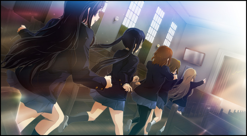 5girls 71_(nanaichi_drafting) akiyama_mio auditorium black_hair black_socks blazer blonde_hair brown_hair commentary_request hands_on_shoulders hirasawa_yui jacket k-on! kneehighs kotobuki_tsumugi multiple_girls nakano_azusa painttool_sai_(medium) pantyhose pointing running sakuragaoka_high_school_uniform school_uniform shoes skirt socks stage sunset tainaka_ritsu twintails uwabaki