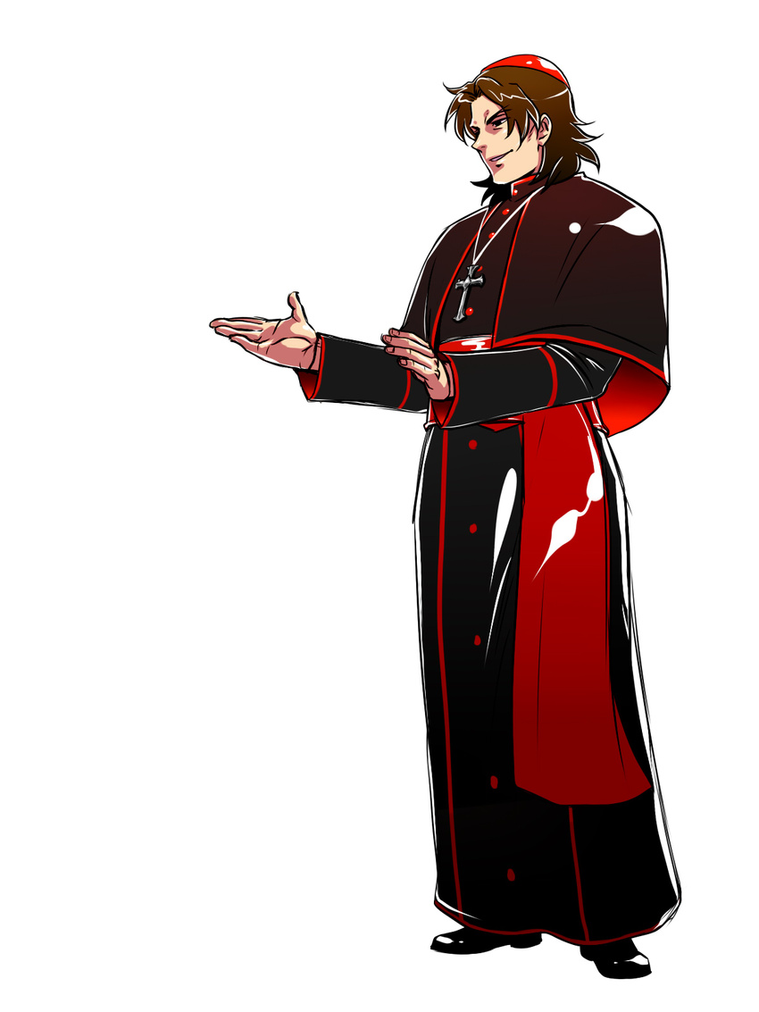 1boy brown_eyes brown_hair commentary_request cross cross_necklace fate/stay_night fate_(series) highres jewelry kotomine_kirei male_focus mzk3 necklace priest robe skullcap solo