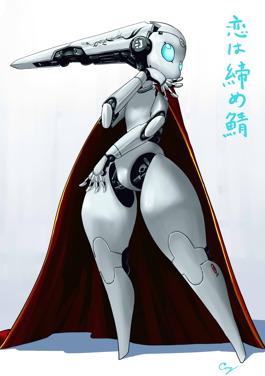 blue_eyes cape commentary_request cony_(la_locura) drossel_von_flugel female fireball_(series) full_body hand_on_own_face head_tilt highres joints looking_at_viewer no_mouth photoshop_(medium) red_cape robot robot_joints signature simple_background solo standing translation_request white_background