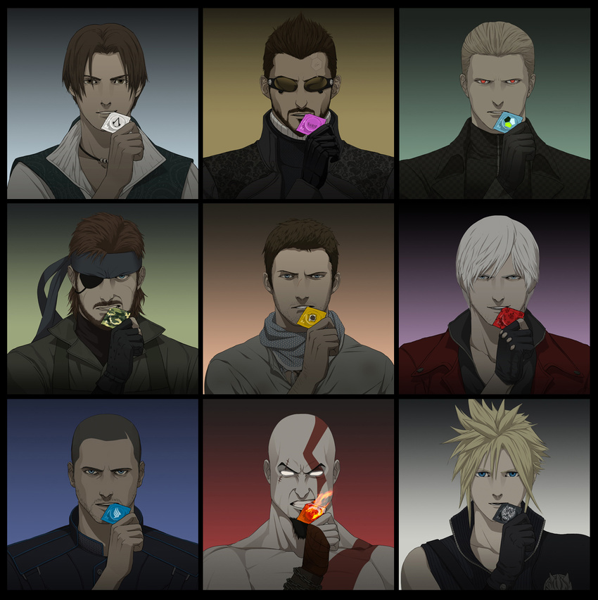 adam_jensen albert_wesker assassin's_creed bald bioware bite blonde_hair blue_eyes brown_eyes brown_hair capcom cloud_strife commander_shepard condom dante deus_ex devil_may_cry doubleleaf electronic_arts eye_patch eyewear ezio_auditore final_fantasy final_fantasy_vii fire god_of_war hair hi_res human jewelry konami kratos male mammal mass_effect metal_gear naked_snake nathan_drake naughty_dog necklace red_eyes resident_evil scar sexual_barrier_device sony_corporation sony_interactive_entertainment square_enix sunglasses tattoo ubisoft uncharted