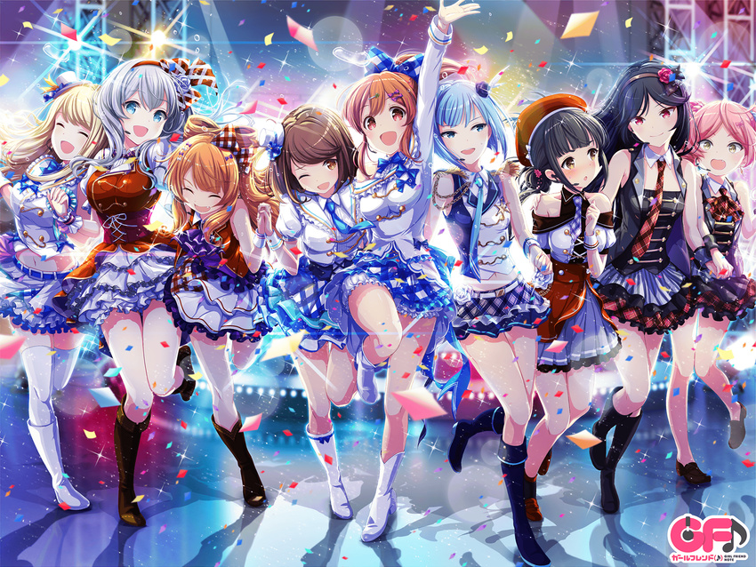 6+girls anette_olga_karasawa arm_up bare_shoulders belt black_footwear black_hair blue_hair blue_necktie boots breasts brown_eyes brown_hair brown_hairband chloe_lemaire closed_eyes flower frilled_skirt frills girlfriend_(kari) girlfriend_note grey_hair hair_flower hair_ornament hairband hat head_tilt highres holding_hands idol interlocked_fingers knee_boots kunishiro_miyabi layered_skirt leg_up long_hair makise_subaru medium_breasts microphone mini_hat multiple_girls naoe_yuu navel necktie ohara_tometa orange_hair pink_hair pleated_skirt red_eyes red_flower red_hairband sakurai_akane_(girlfriend) sanjou_yae shiina_kokomi short_hair short_necktie skirt smile thighhighs toyonaga_hibiki white_footwear white_hat white_legwear