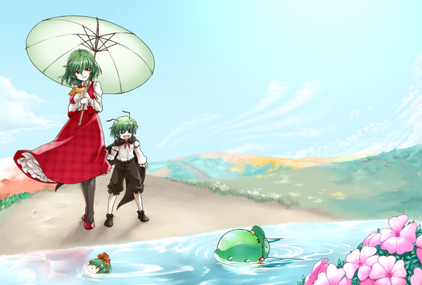 3girls antennae ascot black_pantyhose blue_eyes cape chibi cloud commentary_request day flower green_hair hydrangea kagiyama_hina kawashiro_nitori kawashiro_nitori_(kappa) kazami_yuuka lolicon multiple_girls outdoors pantyhose phenne pink_flower primrose_(flower) red_eyes short_hair sky smile touhou umbrella water wriggle_nightbug