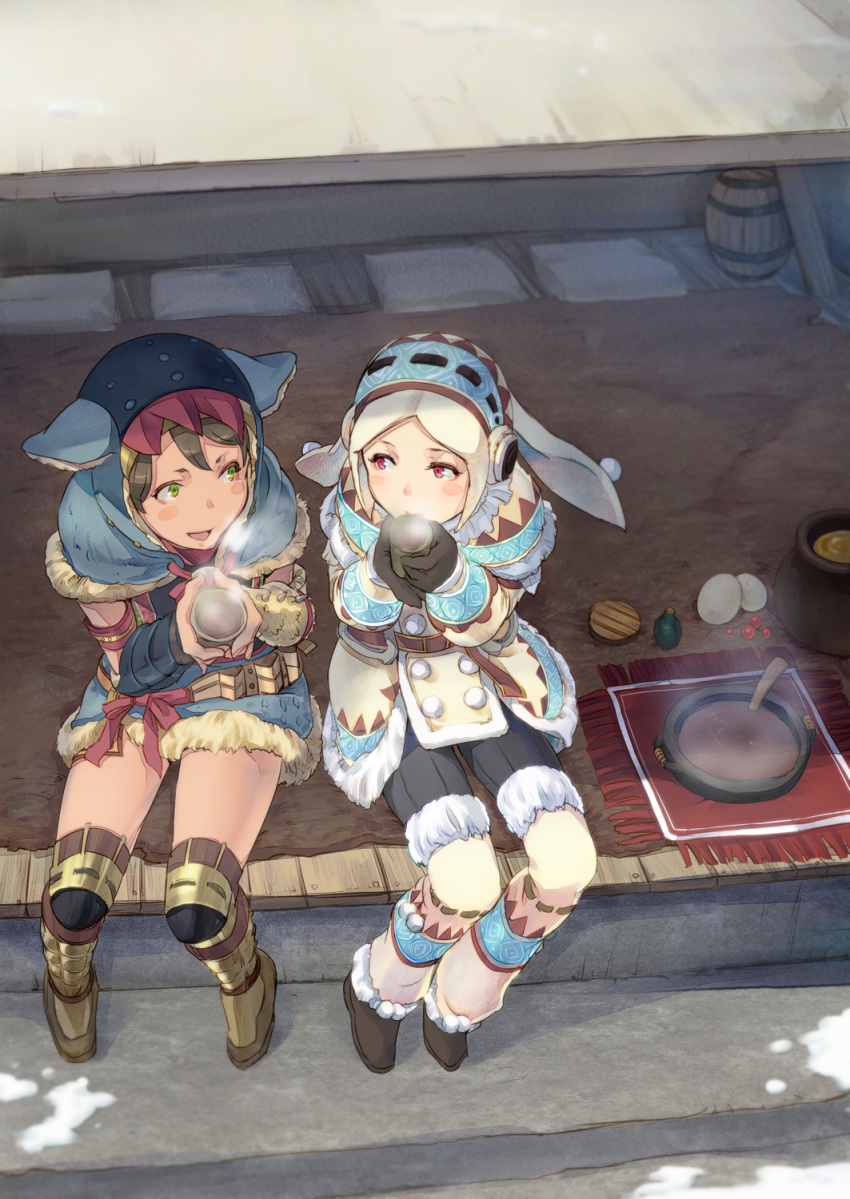 2girls arzuros_(armor) boots brown_hair commentary_request drinking from_above fur_trim green_eyes highres lagombi_(armor) monster_hunter_(character) monster_hunter_(series) monster_hunter_portable_3rd multiple_girls null_(chronix) red_eyes sitting steam thigh_boots thighhighs white_hair