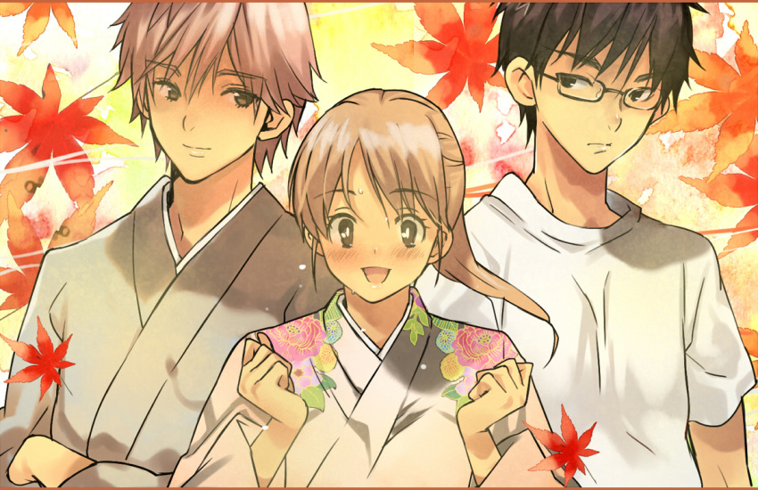 2boys arms_up ayase_chihaya black_hair blush brown_eyes brown_hair chihayafuru coin_rand commentary_request crossed_arms female glasses hakama hakama_skirt japanese_clothes leaf mashima_taichi multiple_boys open_mouth skirt smile sweat wataya_arata