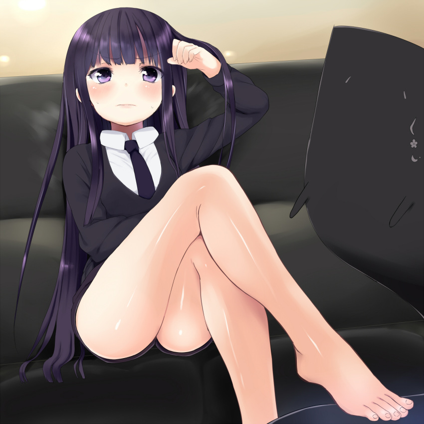 arm_up bad_id bad_pixiv_id bare_legs barefoot blush couch crossed_legs feet female hair_flip hand_in_own_hair highres inu_x_boku_ss ittan_momen jacket legs long_hair long_legs necktie pokachu purple_eyes purple_hair shiny_skin shirakiin_ririchiyo shirt shorts sitting sorinozuka_renshou toes