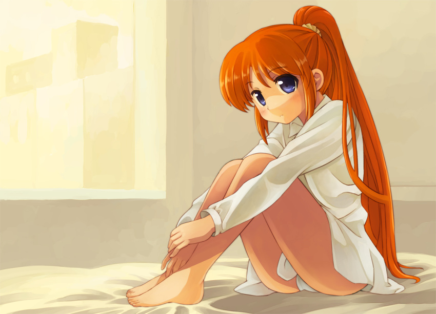 bad_id bad_pixiv_id barefoot blush dress_shirt female hugging_own_legs kouno_hikaru long_hair lyrical_nanoha mahou_shoujo_lyrical_nanoha mahou_shoujo_lyrical_nanoha_a's panties pantyshot ponytail purple_eyes red_hair shirt side_ponytail sitting solo takamachi_nanoha underwear