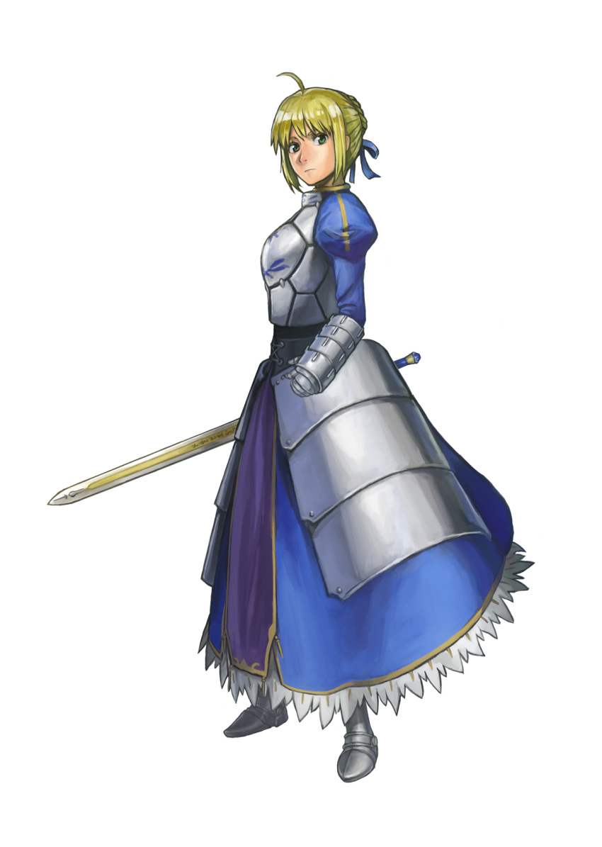 ahoge armor armored_dress artoria_pendragon_(fate) blonde_hair commentary_request dress fate/stay_night fate_(series) faulds female gauntlets green_eyes hair_ribbon highres korosuke1 ribbon saber_(fate) simple_background solo sword weapon white_background