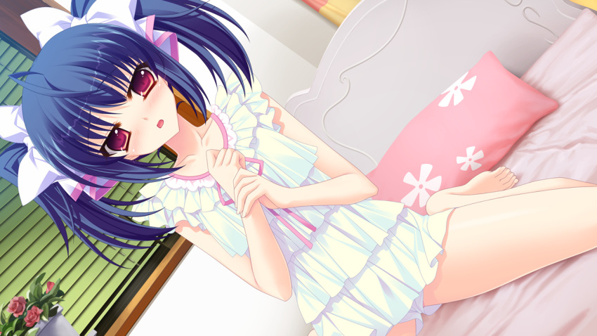 barefoot bed blue_hair blush breasts cameltoe feet female flower game_cg hair_ornament hair_ribbon hasegawa_yukino iinazuke_wa_imouto-sama! large_breasts navel nightgown open_mouth panties pillow pink_panties purple_eyes ribbon short_hair sitting solo spread_legs twintails underwear usami_yuuna