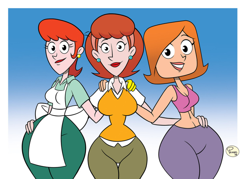 3girls blue_background brown_hair debbie_turnbull dexter's_laboratory dexter's_mom gradient_background linda_flynn-fletcher looking_at_viewer orange_hair panza phineas_and_ferb red_hair red_head thick_thighs white_background wide_hips