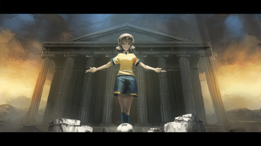 1boy androgynous architecture ball brown_hair cloud cloudy_sky column commentary_request flock greco-roman_architecture highres inazuma_eleven_(series) inazuma_eleven_go kneehighs legs_together letterboxed light_frown lightning_bolt_symbol looking_at_viewer male_focus medium_hair outdoors outstretched_arms overcast parthenon photoshop_(medium) pillar raimon raimon_soccer_uniform rounin_(amuza) ruins serious shindou_takuto shirt short_sleeves shorts sky soccer_ball soccer_uniform socks solo sportswear standing telstar wide_shot yellow_shirt yellow_sky