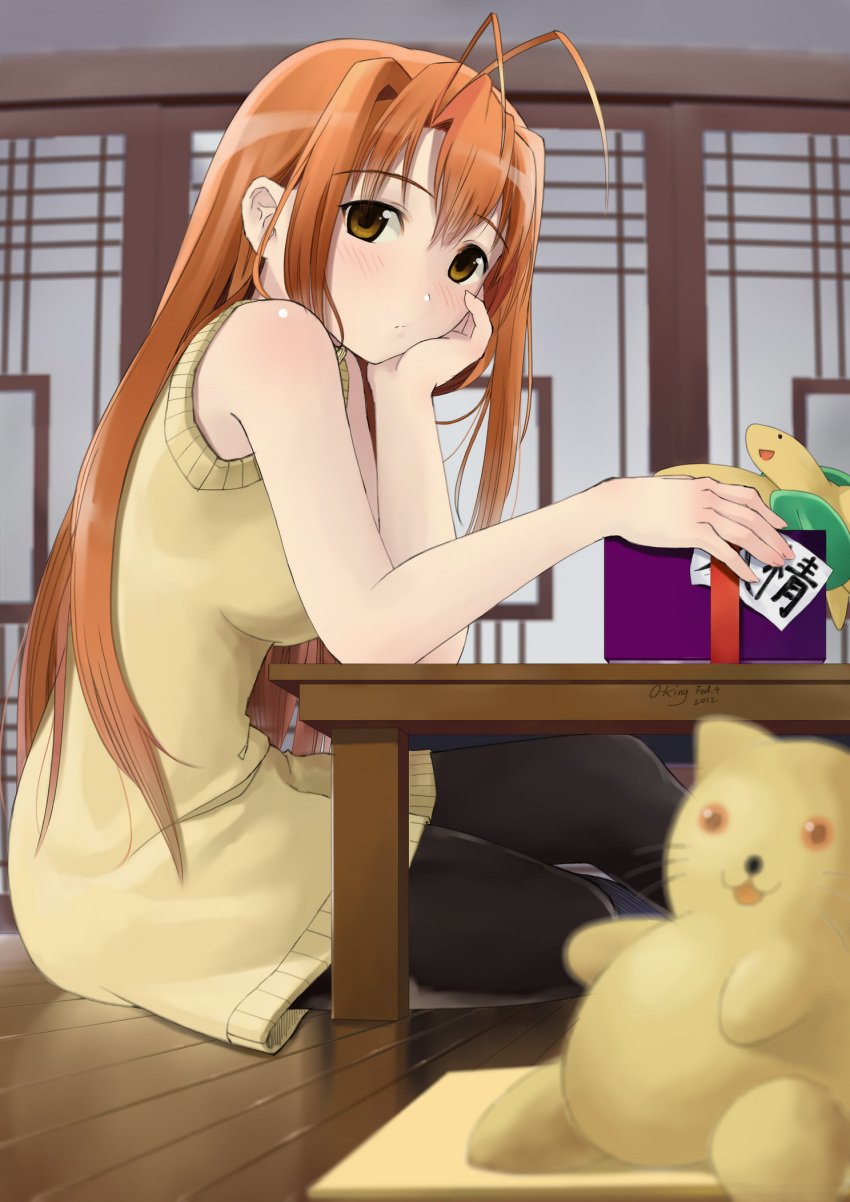 antenna_hair blurry bored brown_eyes brown_hair commentary_request depth_of_field dress female head_rest highres long_hair love_hina narusegawa_naru okingjo orange_hair sitting solo stuffed_animal stuffed_toy sweater sweater_dress table tama_(love_hina) turtle yellow_eyes