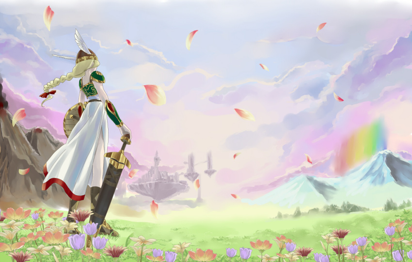 armor armored_dress blonde_hair braid commentary_request female field floating_island flower flower_field hand_on_hilt head_wings helmet holding holding_shield landscape long_hair orange_flower outdoors planted planted_sword purple_flower rainbow red_flower ruri_(rukiafile) scenery sheath sheathed shield single_braid sword valkyrie valkyrie_(vnd) valkyrie_no_densetsu weapon wings