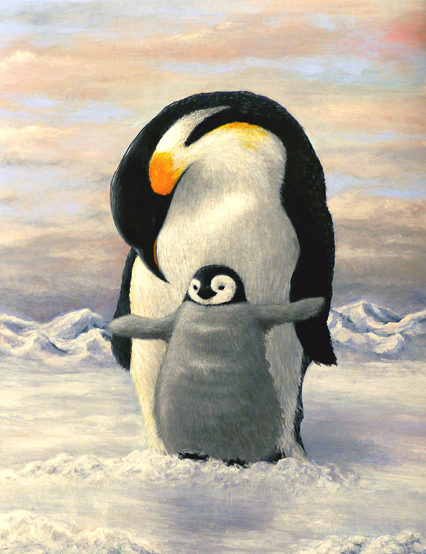 absurdres acrylic_paint_(medium) animal animal_focus baby_penguin bad_id bad_pixiv_id bird cloud emperor_penguin halpenske highres horizon mountain mountainous_horizon no_humans original outstretched_arms painting_(medium) penguin penguin_chick photoshop_(medium) snow spread_arms spread_wings traditional_media