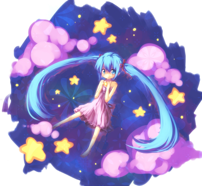 alternate_costume aqua_eyes aqua_hair ayakashi_(monkeypanch) bad_id bad_pixiv_id bare_shoulders barefoot cloud dress feet female hair_ribbon hatsune_miku highres long_hair ribbon solo star_(symbol) twintails very_long_hair vocaloid