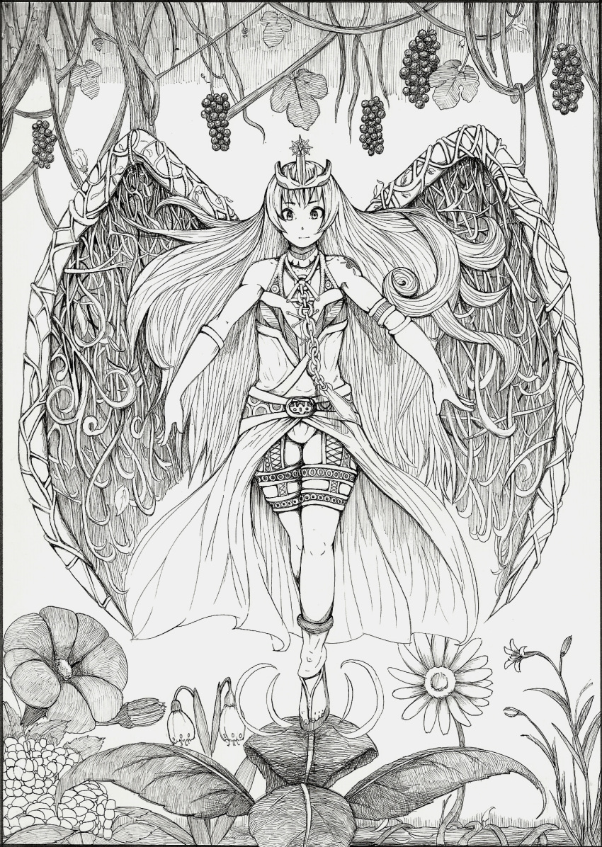 armband bad_id bad_pixiv_id chains copyright_request crown female flower gloves highres long_hair monochrome nib_pen_(medium) niwakaike sandals solo thighhighs traditional_media wings