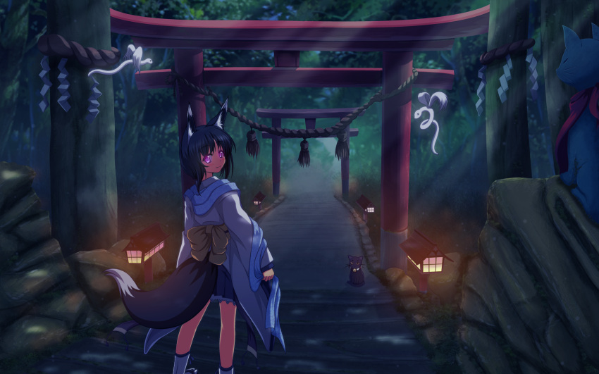 animal animal_ears black_hair feline foxgirl japanese_clothes night photoshop purple_eyes scenic short_hair tail vfenster