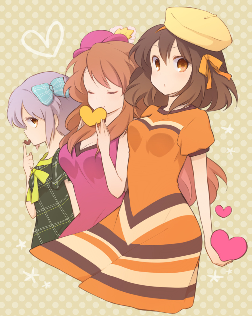 3girls asahina_mikuru beret bow breasts brown_eyes brown_hair cleavage closed_eyes commentary_request dress fashion hairbow hat heart highres kinokosuke long_hair multiple_girls nagato_yuki partial_commentary purple_hair short_hair small_breasts striped_clothes striped_dress suzumiya_haruhi suzumiya_haruhi_no_yuuutsu