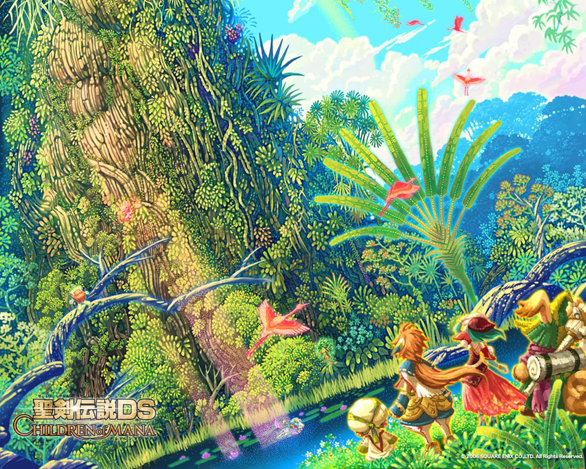 1boy bird children_of_mana colorful copyright_name crane_(animal) day dutch_angle female fern ferrick forest from_behind giant_tree height_difference long_hair mana_tree nature official_art official_wallpaper outdoors plant ponytail poppen scenery seiken_densetsu tamber tree wanderer_(children_of_mana)