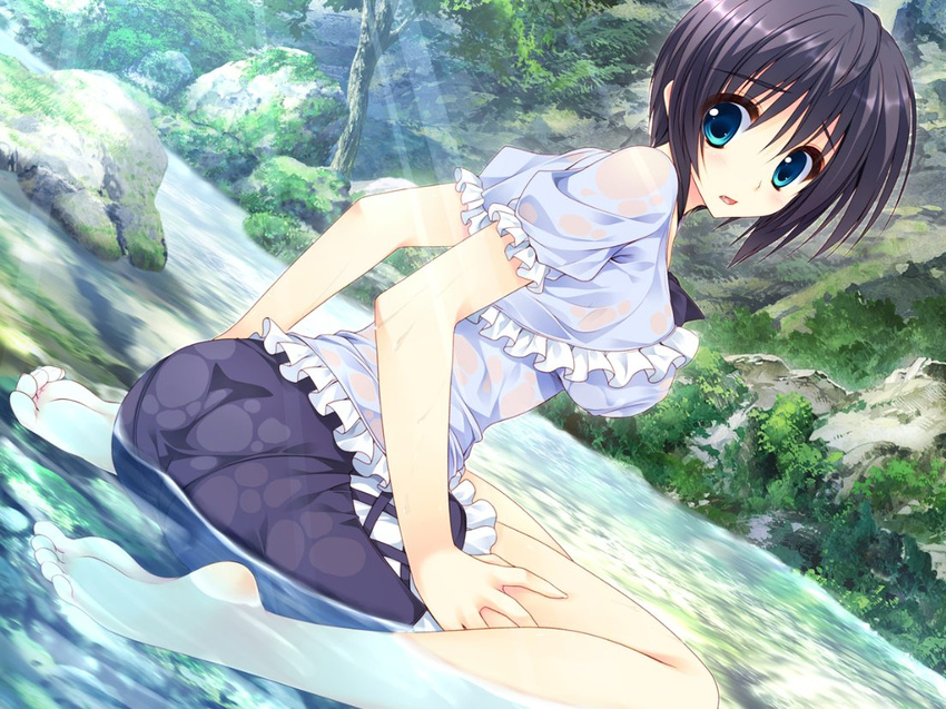 aqua_eyes barefoot black_hair day dutch_angle feet female game_cg hoshizora_e_kakaru_hashi hoshizora_e_kakaru_hashi_aa legs light_rays long_legs nature outdoors pantylines partially_submerged ruton-niki short_hair sitting soles solo stream sunbeam sunlight toe_scrunch toes wariza water wet wet_clothes yocchan_(hoshizora)